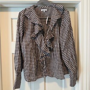 NWT Madewell Brown and White Gingham Ruffle Blouse